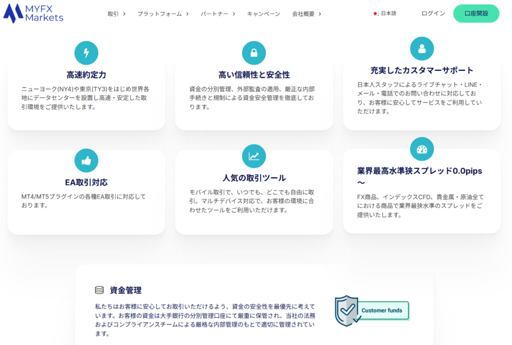 MYFX Markets(マイエフエックスマーケッツ) 公式サイトの規制・安全性ページのスクリーンショット
